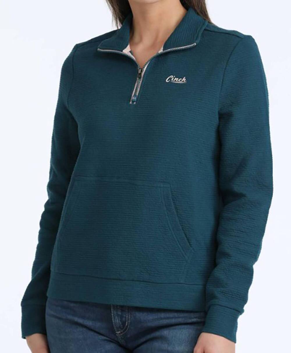NEW CINCH women's 1/4 zip pullover with kangaroo pocket in teal